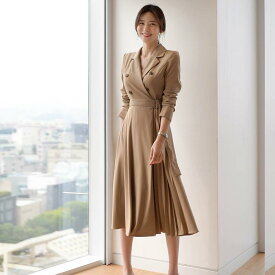 ワンピース レディース 長袖 Aライン ロング丈 ダブルボタン ウエスト絞り 着痩せ きれいめ 無地 普段使い 通勤 オフィス