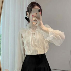 ブラウス レディース チャイナ風 ボタン フランス風 フリル レース シフォン パフスリーブ 上品 エレガント きれいめ フェミニン トップス 春夏