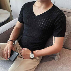 Tシャツ メンズ 半袖 Vネック ニット 接触冷感 薄手 軽量 スリム 韓国風 カジュアル きれいめ トップス オールシーズン