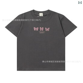 Tシャツ レディース 女性 半袖 カットソー トップス クルーネック スリム 細身 刺しゅう 蝶柄 綿混 伸縮性 夏 デイリー カジュアル お出かけ 旅行 チャコール 10代 20代 30代 プチプラ 韓国ファッション