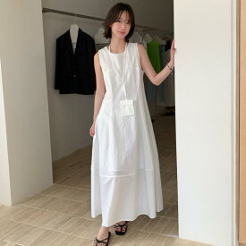 ワンピース レディース 夏 ノースリーブ 丸首 マキシ丈 ロング丈 Aライン 部屋着 涼しい ゆったり 体型カバー 無地 薄手 10代 20代 通勤 通学 旅行 カジュアル ナチュラル かわいい 水藍 白 橙
