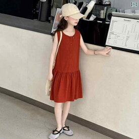 ワンピース キッズ 女の子 ジュニア ノースリーブ 切り替え ウエストリボン 水洗綿麻 柔らかい 通気性 通園 通学 お出かけ 旅行 夏物 プリンセス かわいい レッド ブルー 120 130 140 150 160 170
