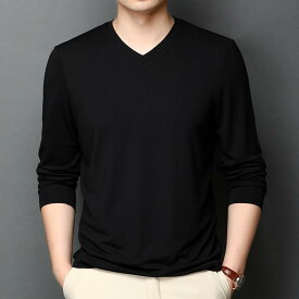 長袖Tシャツ メンズ 40代 シルク カットソー Vネック 接触冷感 トップス 紳士 ビジネス カジュアル インナー 無地 ロンT プルオーバー 吸汗速乾 伸縮性 着心地 普段使い 旅行 春 秋 黒 白 赤