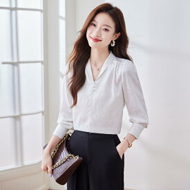 シャツ レディース 長袖 秋 冬 トップス ブラウス Vネック おしゃれ 杏 ベージュ 白 オフィス 通勤 20代 30代 40代 カジュアル フォーマル お出かけ プルオーバー 大人 きれいめ 上品 快適