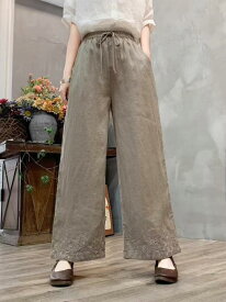 カジュアルパンツ レディース リネン ワイドパンツ イージーパンツ 刺しゅう ウエストゴム ロングパンツ ゆったり 体型カバー 着痩せ 春 夏 通勤 旅行 30代 軍緑 カーキ ピンク 麻本色