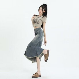 デニムスカート レディース ロング Aライン タイト マーメイド 着痩せ ハイウエスト 体型カバー ボトムス ミモレ丈 春 夏 ヴィンテージ風 カジュアル 20代 30代 普段使い 旅行 レトロ ユーズド加工
