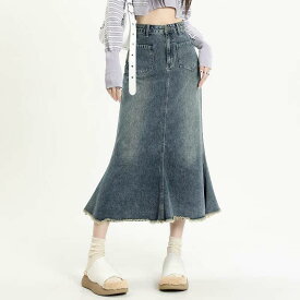 デニムスカート レディース ロング タイト フィッシュテール フリンジ ハイウエスト 着痩せ デニム 体型カバー コットン スリット カジュアル 旅行 デート 春 夏 秋 冬 レトロ ヴィンテージ風