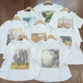 Tシャツ レディース 半袖 カットソー プルオーバー トップス 二重ガーゼ プリント 総柄 丸首 クルーネック ルーズ ゆったり シンプル カジュアル 和風 ナチュラル 快適 着心地 普段使い デイリーユース 通気性