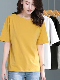 Tシャツ レディース 黄 半袖 カットソー トップス 綿 コットン チュニック 春夏 母親 ミセス ゆったり 大きいサイズ 無地 シンプル プルオーバー カジュアル 普段使い