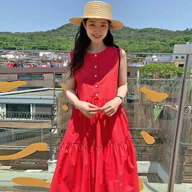 ワンピース レディース ロング 夏 ノースリーブ 丸ネック ボタン ゆったり 体型カバー 大人 カジュアル 旅行 デート レッド 赤 20代 30代 40代 マキシ丈
