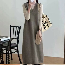 ワンピース ニットワンピース レディース ニット ベスト ロング ノースリーブ Vネック ゆったり 厚手 暖かい 伸縮性 体型カバー 重ね着 レイヤード カジュアル 大人 30代 通勤 通学 お出かけ 旅行 秋 冬 灰色 黒 駝