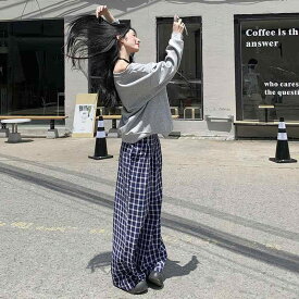 ワイドパンツ レディース 格子柄 青 チェック柄 ゆるカジ コットンスウェット 伸縮性 普段使い 部屋着 旅行 体型カバー 20代 30代 春 秋 ボトムス ズボン ルーズ ストレートパンツ ロングパンツ カジュアル