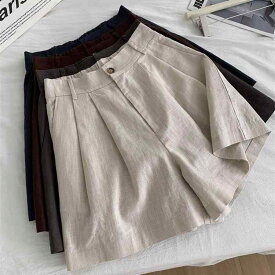 ショートパンツ レディース リネンパンツ 短パン Aライン 高腰 美脚 ゆったり 接触冷感 薄手 綿麻 水洗 リネン 混紡 ボトムス カジュアル 通勤 デート お出かけ 旅行 麻 ネイビー ブラウン 夏