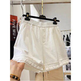 ショートパンツ レディース カジュアル Aライン フリル 木耳 切り替え 薄手 コットン ボトムス ハーフパンツ キュロット 半ズボン 部屋着 お出かけ 旅行 デート 白 紺 夏 かわいい レトロ 20代 30代 40代 大人