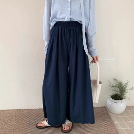 ワイドパンツ レディース サルエルパンツ ズボン ウエストゴム リネンタッチ ポリエステル 薄手 ハイウエスト ボトムス 体型カバー ゆる ルーズ カジュアル お出かけ デート 旅行 30代 ネイビー 杏 黄 春 夏