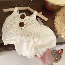 キッズ セットアップ 女の子 子供服 ノースリーブ トップス ショートパンツ 夏 コットン 綿 フリル 無地 薄手 涼しい ウエストゴム 動きやすい 通園 通学 お出かけ かわいい カジュアル 100 110 120 130