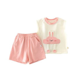 子供服 セットアップ 女の子 ベビー服 ノースリーブ タンクトップ ハーフパンツ 上下セット 2点セット 綿 コットン ウサギ キャラクター プリント かわいい 涼しい 夏 夏用 普段使い お出かけ 通園 1歳 2歳 3歳 ピンク