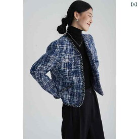ノーカラー ジャケット レディース 秋 冬 アウター ブルゾン カーディガン ブルー 青 上着 長袖 丸首 通勤 お出かけ 普段使い カジュアル 旅行 デート 大人 ママ 30代 40代 フェミニン かわいい 高見え きれいめ