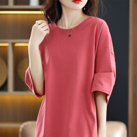 Tシャツ レディース 綿 トップス 半袖 カットソー ラウンドネック 無地 ゆるシルエット 体型カバー ゆったり丈 春夏 カジュアル 通勤 通学 普段着 大きいサイズ