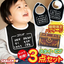 スタイ 出産祝い 男の子 女の子 ビブ ( わらう そうび さくせん 3デザイン 3枚セット クリアBOX ) 宝箱 ビブス よだれかけ RPG コマンド ゲーム おもしろ お祝い 0か月 0歳 1歳 新生児 かわいい 赤ちゃん ベビー クリアボックス セット セット プレゼント