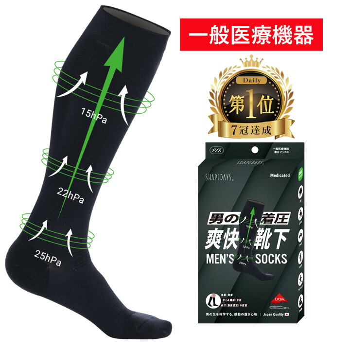 楽天市場 楽天1位 クーポン発行中 着圧ソックス メンズ 医療用 ふくらはぎ ハイソックス 男の着圧 爽快靴下 一般医療機器 夜間頻尿 むくみ予防 血行促進 夜間多尿 加圧 弾性ストッキング エコノミークラス症候群 ビジネスソックス ゴルフ スポーツ 黒 長距離移動 強圧