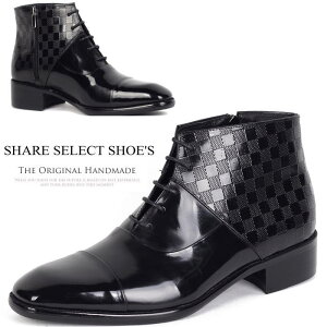 サイドジップレースアップショートブーツ 1色 ハンドメイド レザーブーツ メンズブーツ ブーツ ビジネス ドレス