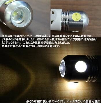【5Wで超激光T20ウェッジ球ハイパワーLED白色】HID級!?バックランプ球にT20の中でNo.1の明るさを実現!!LEDバルブ2個1セット【ヤマトメール便送料無料】