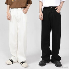 送料無料 デニムパンツ メンズ ジーンズ ズボン パンツ ワイドパンツ サルエルパンツ ロングパンツ ストレート ゆったり カジュアル おしゃれ カッコイイ ブラック ホワイト 黒 白 楽天海外通販