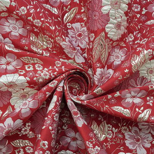 送料無料 140cm幅 90cm単位 生地 布 布地 きじ ジャカード生地 エンボス生地 色織り 花柄 レッド 赤 ゴールド 楽天海外通販