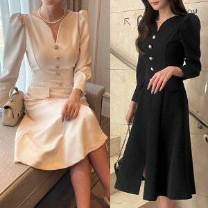 I AM MARI �A�C�A���}���[ PLIA PUFF HEART NECK BUTTON SLIT ONE-PIECE 2�F �v���A�p�t�n�[�g�l�b�N�{�^���X���b�g�����s�[�X �p�[�f�B�[�h���X ���j�� ������ �Q�X�g���b�N �؍��t�@�b�V���� HE&SHE [������