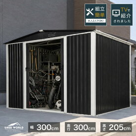 【新サイズ】物置 屋外 おしゃれ 大型 幅300 奥行300 高さ205 物置き 倉庫 大型物置 鍵付き 両開き スチール物置 屋外物置 物置小屋 庭 組み立て 自転車置き場 自転車倉庫 バイク倉庫 バイクガレージ タイヤ収納 大容量 ガレージ メタルシェッド シェッドワールド