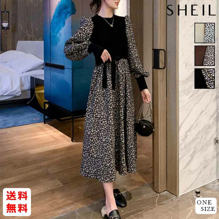 楽天市場 ロング丈 花柄 ニットワンピース レディース 異素材 ワンピース 花柄ワンピ フローラルデザイン ドッキングワンピース 長袖 ニットワンピ 大人 きれいめ ロングワンピース 新作 上品 エレガント ブラック ベージュ 韓国ファッション 韓国 ファッション Sheil