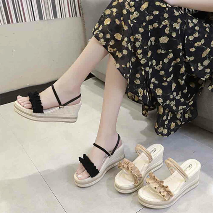 楽天市場 本日 10 オフクーポン 全品送料無料 厚底サンダル ウェッジソール レディース 歩きやすい 韓国 夏 厚底 サンダル 通勤 通学 大人 きれいめ 人気 サマーサンダル 旅行 おしゃれ かわいい フリル 痛くない 美脚 履きやすい 上品 韓国ファッション 韓国