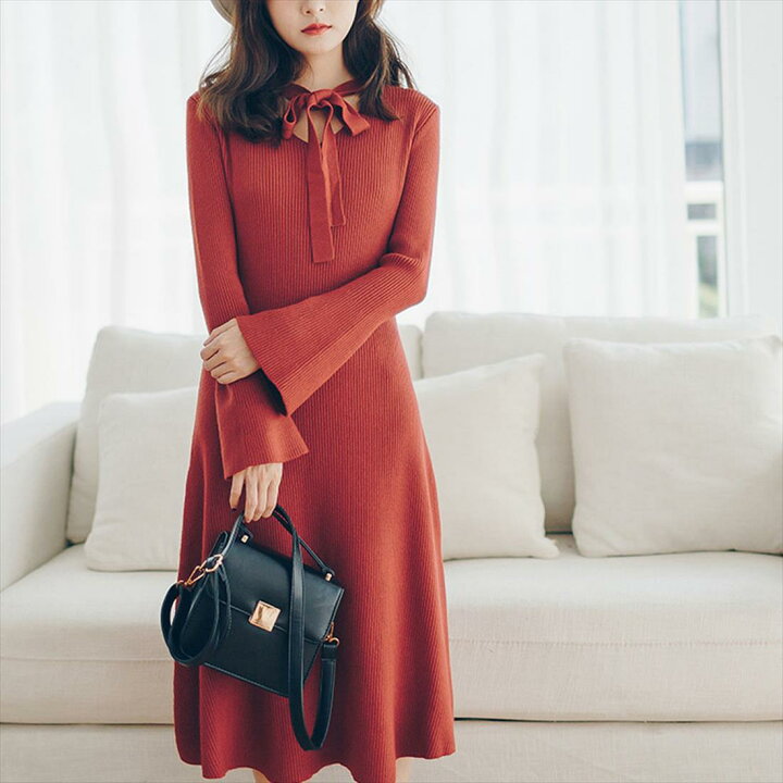 楽天市場 3点選べる 7999円福袋 22 ニットワンピース レディース ニットワンピ 長袖 Vネック リボン付き 膝丈 ひざ 着痩せ 無地 リブニット Aライン 黒 赤 ベージュ 重ね着 インナー あす楽 韓国ファッション 韓国 ファッション Sheil シェイル