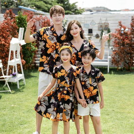 【子供ページ】親子お揃い 親子ペアルック 家族お揃い 花柄 親子 ペア リンクコーデ 親子 セット おしゃれ キッズ ママ パパ カップル 女の子 男の子 子供 ペアルック アロハシャツ vネック 膝丈 セットアップ 二点セット ショートパンツ 半袖 総柄 キャミソール リゾート
