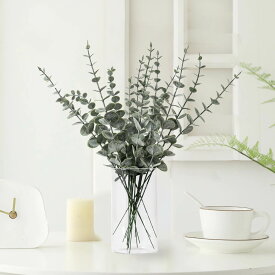「あす楽12時まで」WillingYou フェイクグリーン 花瓶セット ユーカリ 15本 透明花瓶 一個 造花 観葉植物 装飾（ユーカリ、花瓶付）