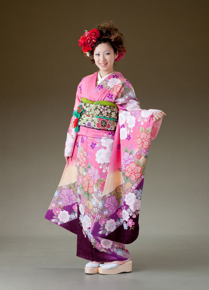 振袖 レンタル 着物 振袖 fs215 ピンク 裾紫のしめ風柄 Lサイズ  結婚式 成人式 貸衣裳 貸衣装 和服 往復送料無料  日本最大級