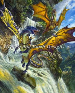 Matt Stewart クロスステッチ刺しゅうチャート HAED 図案 【Supersized Waterfall Dragons Max Colors】 Heaven And Earth Designs 輸入 上級者 ドラゴン 竜 龍 渓谷 滝 風景 戦い 戦闘 闘争