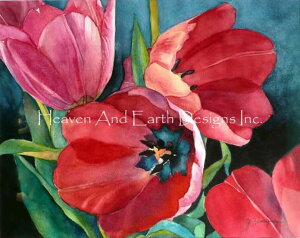 Yvonne Hemingway �N���X�X�e�b�` �}�� �h���イ �`���[�g �y 3 Red Tulips Request A Size �z Heaven And Earth Designs �㋉�� �t�����[ �� �`���[���b�v