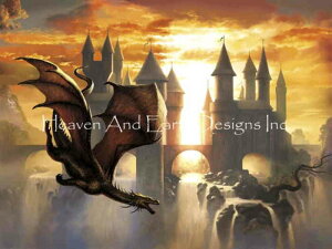 Ciruelo Cabral クロスステッチ刺しゅうチャート HAED 図案 【Sunset Dragon】 Heaven And Earth Designs 輸入 上級者 海外 風景 お城 城 ドラゴン 竜 龍