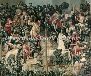 Unicorn Tapestries�i�^�y�X�g���[�j ���� �yUnicorn Is Attacked�z HAED �N���X�X�e�b�`�h���イ �}�� Heaven And Earth Designs �A�� �S�ʎh�� �`���[�g ��� �㋉�җl���� ��| ���p��