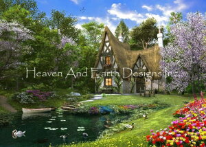 Dominic Davison クロスステッチ刺しゅうチャート HAED 図案 【Spring Lake Cottage】 Heaven And Earth Designs 風景 花畑 カントリー 春 池