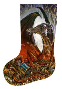 Myles Pinkney クロスステッチ 刺しゅう チャート HAED 図案 【 Stocking Treasure Dragon Flipped 】 Heaven And Earth Designs 輸入 上級者 ドラゴン 龍 竜 クリスマス クリスマスブーツ クリスマスストッキング