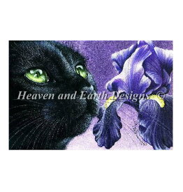 Irina Garmashova クロスステッチ刺しゅうチャート HAED 図案 【Purple Iris Max Colors】 Heaven And Earth Designs 難しい 上級 ねこ 猫 ネコ 黒猫 あやめ アヤメ 菖蒲 花