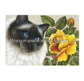 クロスステッチ刺繍 図案 Heaven And Earth Designs HAED 輸入 上級者 Irina Garmashova 黄色い薔薇と猫 Yellow Rose 全面刺し