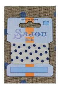 TW[(Maison Sajou) hJ{ 1m |p y11 MM COTTON RIBBON ECRU BASE BLUE POLKA DOT MOTIFz tX A RUB_COUT_011_05 y\z