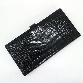 エルメス　ベアンスフレ 2つ折り財布 HERMES　クロコダイルアリゲーター リセ(シャイン)/ブラック×シルバー金具 □R刻印【中古】A《返品可》【質屋出品】【送料無料】