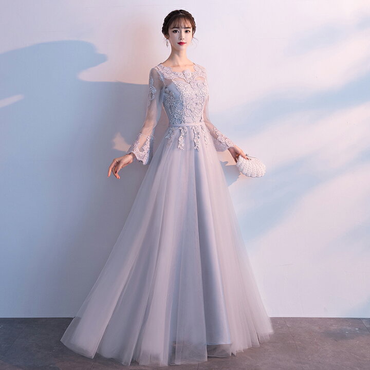 ロング ドレス 長袖 結婚式ドレス Aライン ミモレ丈レースで上品に 