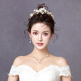 ティアラ クラウン ネックレス ピアス イヤリング セット ヘッドドレス 髪飾り パーティー 結婚式 ウエディング 花嫁 二次会 アクセサリー 披露宴 発表会 パール イベント