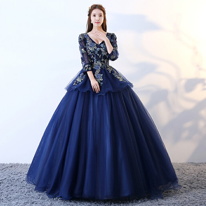 楽天市場 ロングドレス 演奏会 長袖 カラードレス ネイビー 青 プリンセスライン ウェディングドレス 結婚式 フォーマルドレス 二次会 カクテルドレス パーティー 披露宴 発表会 ステージ衣装 小きいサイズ 大きいサイズ 渋谷ウイングス